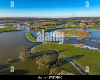 Haltern am See, Nordrhein-Westfalen, Deutschland - Hochwasser an der Lippe, Fluss im Ruhrgebiet, die Felder, die landwirtschaftlichen Flächen der Bauern am nächsten Tag Stockfoto