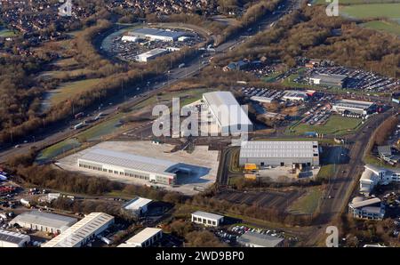 Aus der Vogelperspektive eines neuen Industrieparks am Trefoil Way, an der Anschlussstelle 31a der Autobahn M6 in Preston, Lancashire Stockfoto