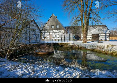 Holzwickede, Ruhrgebiet, Nordrhein-Westfalen, Deutschland - Winter mit Schnee im Ruhrgebiet, Emscherquelle, am Emscherquellhof in Holzwickede bei Dortmund entspringt der Fluss Emscher. Winter mit Schnee im Ruhrgebiet, Emscherquelle am Emscherquellhof, Holzwickede, Nordrhein-Westfalen, Deutschland *** Holzwickede, Ruhrgebiet, Nordrhein-Westfalen, Deutschland Winter mit Schnee im Ruhrgebiet, Emscher-Quelle, die Emscher entspringt am Emscherquellhof in Holzwickede bei Dortmund Winter mit Schnee im Ruhrgebiet, Emscher-Quelle am Emscherquellhof, Holzwickede, Nordrhein-Westfalen, Keim Stockfoto
