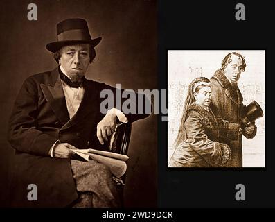 Foto-Porträt von Benjamin Disraeli (ursprünglich D’Israeli), 1. Earl of Beaconsfield (1804–1881) – Inset ist ein Kupferstich von ihm mit Königin Victoria von England. Stockfoto