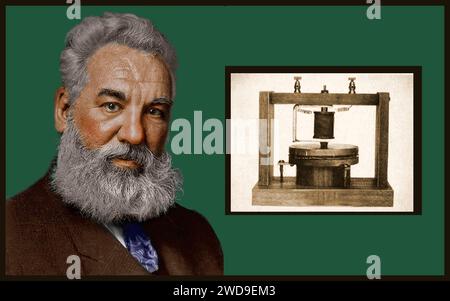 Alexander Graham Bell (* 1847–1922 in Schottland) ist der in Kanada-USA geborene Erfinder, Wissenschaftler und Ingenieur, dem die Patentierung des ersten praktischen Telefons zugeschrieben wird. 1885 war er Mitbegründer der AT&T, der American Telephone and Telegraph Company (AT&T). INSET: Sein erstes Telefon Stockfoto