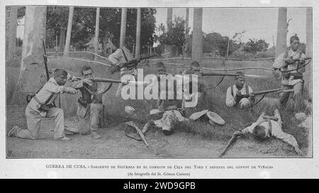 1897-02-08, La Ilustración Artística, Guerra de Cuba, Sargento de Sigüenza en el Combat de CEJA del Toro y defensa del Convoy de Viñales, Gómez Carrera. Stockfoto