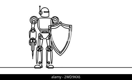 Roboter zum kontinuierlichen Zeichnen einer Linie mit Abschirmung. Retro-Roboter. Computer-Mann oder Cyborgs aus Metall. Sicherheit im Internet. Stock Vektor