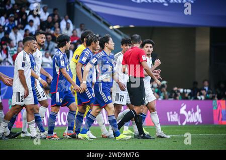 Doha, Katar, 19. Januar 2024, AFC Asian Cup 2023 Gruppe D - Japan 1-2 Irak: Aymen Hussein erzielte beide Tore in der ersten Halbzeit für den Irak, der auf Platz 63 in der Welt zu den 17 Japans Platz in der letzten Achtelfinale belegt. Wataru Endo zog ein Tor zurück auf den Tod. Stockfoto