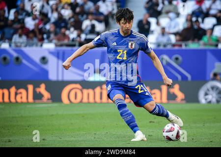 Doha, Katar, 19. Januar 2024, AFC Asian Cup 2023 Gruppe D - Japan 1-2 Irak: Aymen Hussein erzielte beide Tore in der ersten Halbzeit für den Irak, der auf Platz 63 in der Welt zu den 17 Japans Platz in der letzten Achtelfinale belegt. Wataru Endo zog ein Tor zurück auf den Tod. Stockfoto