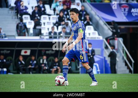 Doha, Katar, 19. Januar 2024, AFC Asian Cup 2023 Gruppe D - Japan 1-2 Irak: Aymen Hussein erzielte beide Tore in der ersten Halbzeit für den Irak, der auf Platz 63 in der Welt zu den 17 Japans Platz in der letzten Achtelfinale belegt. Wataru Endo zog ein Tor zurück auf den Tod. Stockfoto