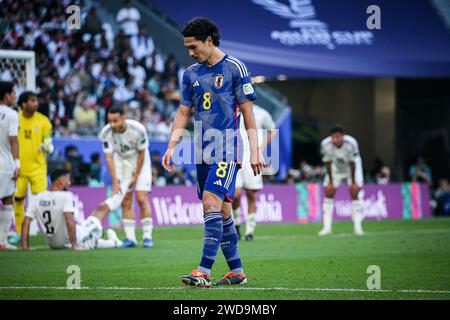 Doha, Katar, 19. Januar 2024, AFC Asian Cup 2023 Gruppe D - Japan 1-2 Irak: Aymen Hussein erzielte beide Tore in der ersten Halbzeit für den Irak, der auf Platz 63 in der Welt zu den 17 Japans Platz in der letzten Achtelfinale belegt. Wataru Endo zog ein Tor zurück auf den Tod. Stockfoto