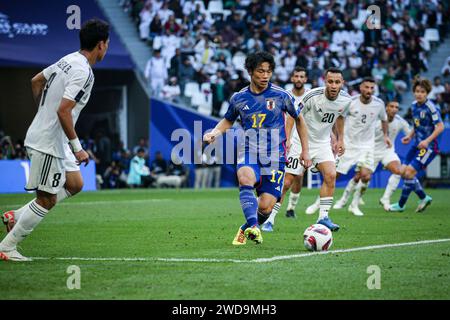 Doha, Katar, 19. Januar 2024, AFC Asian Cup 2023 Gruppe D - Japan 1-2 Irak: Aymen Hussein erzielte beide Tore in der ersten Halbzeit für den Irak, der auf Platz 63 in der Welt zu den 17 Japans Platz in der letzten Achtelfinale belegt. Wataru Endo zog ein Tor zurück auf den Tod. Stockfoto