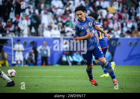 Doha, Katar, 19. Januar 2024, AFC Asian Cup 2023 Gruppe D - Japan 1-2 Irak: Aymen Hussein erzielte beide Tore in der ersten Halbzeit für den Irak, der auf Platz 63 in der Welt zu den 17 Japans Platz in der letzten Achtelfinale belegt. Wataru Endo zog ein Tor zurück auf den Tod. Stockfoto