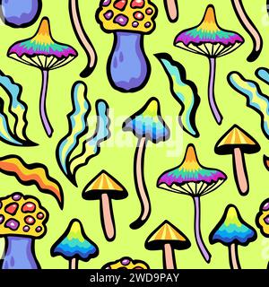 Farbenfrohes, nahtloses Muster mit psychedelischen, lebendigen Fantasy-Pilzen. Vektorabbildung. Stock Vektor
