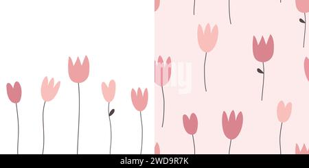 Karte mit Blumen und nahtlosem Muster. Hintergrund mit blühenden Tulpen, Frühlingsmuster. Vektorabbildung. Stock Vektor