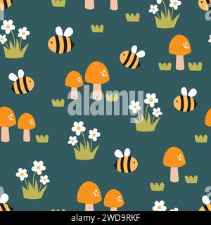 Niedliches nahtloses Bienenmuster. Hintergrund für Kinder mit Pilzen, Bienen und Gänseblümchen. Vektorabbildung. Stock Vektor