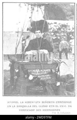 1909-06-30, Actualidades, Varias notas de actualidad, Madrid, La aeronauta señorita Corominas en la barquilla del globo con el cual ha verificado dos ascensiones, Cifuentes. Stockfoto