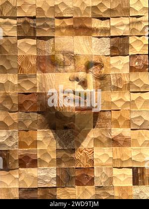 Matakana, Neuseeland: Skulpturenpark Sculptureum. Ein wunderschönes Holzmosaik, das ein Frauenporträt darstellt. Stockfoto