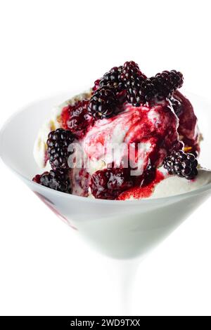 Frische Waldbeeren auf Vanilleeis isoliert auf weißem Hintergrund. Stockfoto
