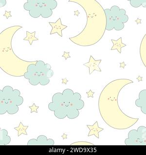 Nahtloses Muster mit niedlichem Schlafmond. Hintergrund für Kinder mit Mond, Sternen und Wolken. Vektorabbildung. Stock Vektor