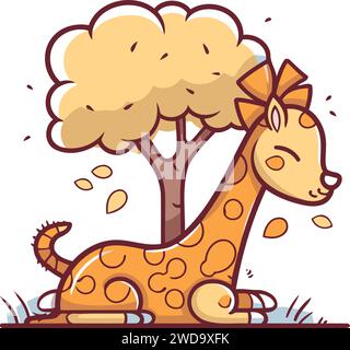 Niedliche Karikaturgiraffe, die unter einem Baum sitzt. Vektorillustration für Kinder. Stock Vektor