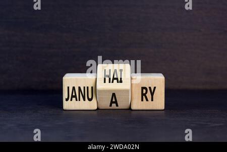 Januhairy oder Januar-Symbol. Konzeptworte Januhairy oder Januar auf schönen Holzblöcken. Schöner schwarzer Tisch, schwarzer Hintergrund. Soziale Fragen Janu Stockfoto