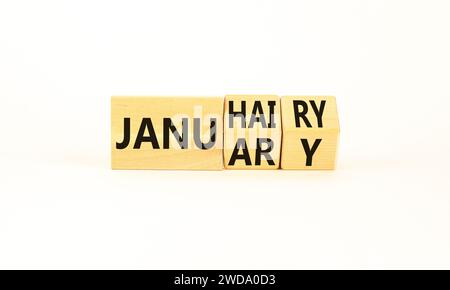 Januhairy oder Januar-Symbol. Konzeptworte Januhairy oder Januar auf schönen Holzblöcken. Schöner weißer Tisch mit weißem Hintergrund. Soziale Fragen Janu Stockfoto