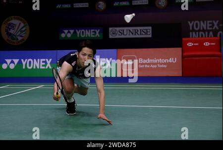 Neu-Delhi, Indien. Januar 2024. Koki Watanabe spielt im Viertelfinalspiel der Männer bei den Yonex Sunrise India Open 2024 gegen den Chinesen Chi Yu Qi (nicht abgebildet). (Foto: Naveen Sharma/SOPA Images/SIPA USA) Credit: SIPA USA/Alamy Live News Stockfoto