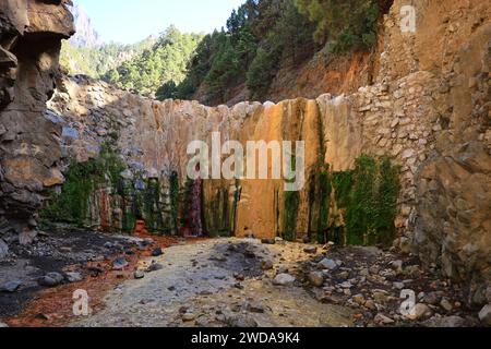 Blick auf den Wasserfall Colores im Nationalpark Caldera de Taburiente auf der Insel La Palma, Kanarische Inseln Stockfoto