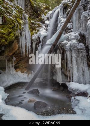 Karst Falls ist einer von vielen Wasserfällen auf Vancouver Island. Dieser Wasserfall ist Teil des Strathcona Provincial Park. Stockfoto