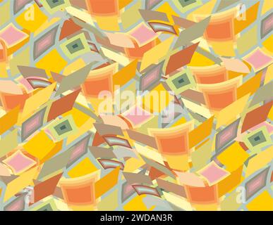 Lebendiger, welliger Texturhintergrund für Textilien oder Stoffe. Futuristischer Hintergrund mit quadratischen Elementen in Orange-Grün-Gelb-Gold-Tonalität für Unternehmen Stockfoto