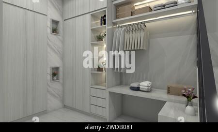 Minimalistisches begehbares Schrankdesign mit Rack-Display und Bügelbrett Stockfoto