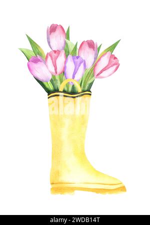Gummistiefel mit farbenfroher Tulpen Aquarellillustration. Perfekt für Urlaubseinladungen und Karten. Feder Hand gezeichnete Abbildung Stockfoto