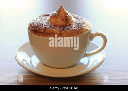 Eine Cappuccino-Tasse mit aufgeschäumter Sahne und Kakaopulver. Stockfoto