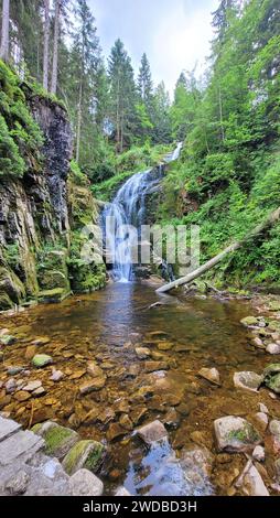 Wunderschöner Wasserfall in einem sommergrünen Wald. Reflexion im klaren Wasser eines Waldfalls, Steine und ein wunderschöner blauer Himmel sind sichtbar. Stockfoto