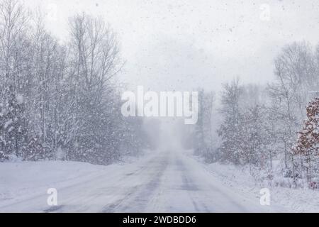 Schneeschurke mit Seeeffekt, die durch den Wald sprengen und die Straße im Mecosta County, Michigan, USA, heimtückisch machen Stockfoto