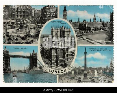 Selektive Farbpostkarte von Londoner Wahrzeichen - handkoloriert mit Zyan-Akzenten. Stockfoto