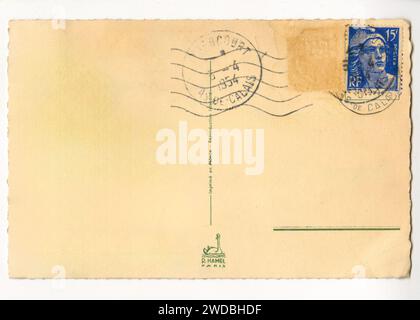 Unbeschriftete Postkarte mit blauem französischem Liberty-Stempel und 1954-Stempel von Libercourt, in der Region Pas-de-Calais, Frankreich. Stockfoto