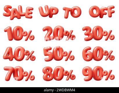 Rote Zahl mit Prozentzeichen und Worten Sale, bis zu und ab 3D-Rendersatz. Stockfoto