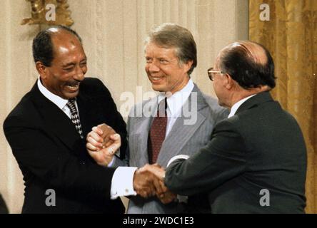 Anwar Sadat Jimmy Carter Menachem beginnt mit Camp David Accords-1978 (gekürzt). Stockfoto