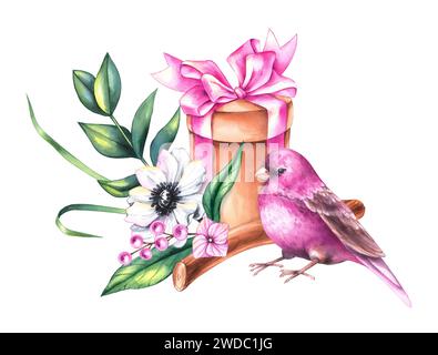 Aquarellstrauß zum Valentinstag mit Blumensträußen, Vögeln und Blumen isoliert auf weiß. Handgezeichnete Blumen, Vögel und Herzen für das Design Stockfoto