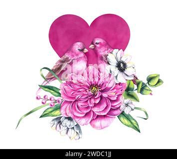 Aquarellstrauß zum Valentinstag mit Blumensträußen, Vögeln und Blumen isoliert auf weiß. Handgezeichnete Blumen, Vögel und Herzen für das Design Stockfoto