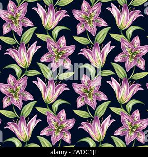 Nahtloses Blumenmuster in Aquarellfarben mit Lilien auf dunklem Hintergrund. Blumenmuster mit handgezeichneten Blumen für Designstoffe, Karten, Geschenkverpackungen, Stockfoto