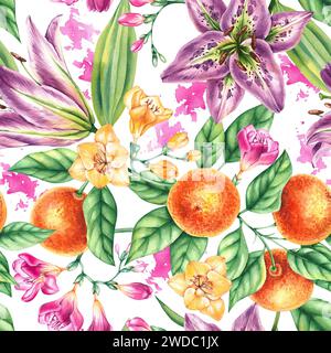 Nahtloses Blumenmuster in Aquarellfarben mit Freesien, Lilien und Mandarinen. Blumenmuster mit handgezeichneten Blumen und Früchten für Designstoffe, Karten, GIF Stockfoto