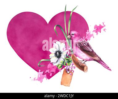 Aquarellstrauß zum Valentinstag mit Blumensträußen, Vögeln und Blumen isoliert auf weiß. Handgezeichnete Blumen, Vögel und Herzen für das Design Stockfoto