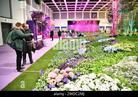 Berlin, Deutschland. Januar 2024. Während der Internationalen Grünen Woche am 19. Januar 2024 in Berlin besuchen Menschen einen Ausstellungsbereich. Die Internationale Grüne Woche, eine Leitmesse für Lebensmittel, Landwirtschaft und Gartenbau, wurde am Freitag in Berlin eröffnet und läuft bis 28. Januar. Quelle: Ren Pengfei/Xinhua/Alamy Live News Stockfoto