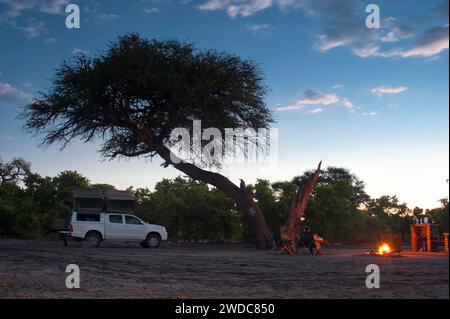 Camping unter dem Abendhimmel, Feuer, Camping, Dachzelt, Abenteuer, reisen, Urlaub, Abenteuerurlaub, Selbstfahrer im Savuti Camp in der Wildnis Stockfoto