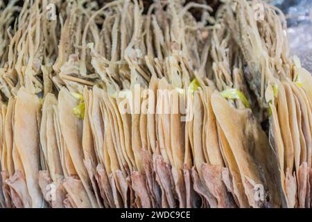 Großaufnahme von getrockneten Tintenfischen zum Verkauf auf dem Fischmarkt am Meer in Südkorea, Südkorea Stockfoto