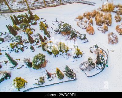 Blick aus der Vogelperspektive auf den schneebedeckten öffentlichen Park. Lebendige immergrüne Bäume und Fußabdrücke im Schnee von oben gesehen. Holzsteg am Rande des Parks auf A Stockfoto