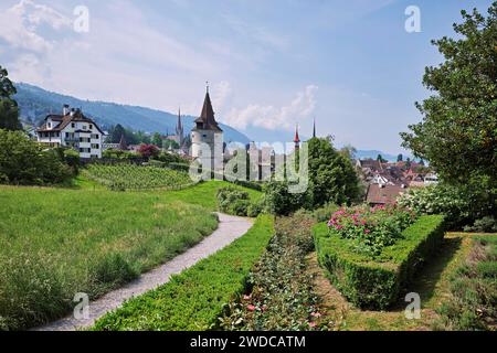 Blick vom Rosengarten in Guggi auf den Kapuzinerturm und die Kirche, Altstadt, Zug, Kanton Zug, Schweiz Stockfoto