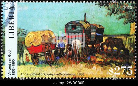 'Encamp der Zigeuner mit Caravans' von Van Gogh auf Briefmarke Stockfoto