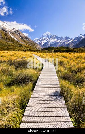 Holzsteg in der malerischen Ebene des Mout Cook Aoraki Nationalparks führt zum Mt Cook von Neuseeland. Stockfoto