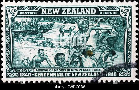 Ankunft der Maori in Neuseeland auf Vintage-Stempel gefeiert Stockfoto