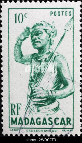 Krieger auf Vintage-Stempel aus Madagaskar Stockfoto